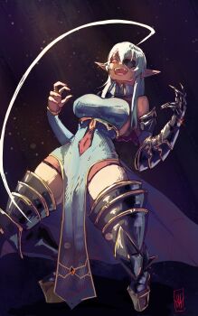  1girl absurdres ahoge armored_gloves black_background black_gloves boots boutsoftheblind dress eyepatch general_geega general_geega_(1st_costume) gloves grey_hair hair_between_eyes highres indie_virtual_youtuber long_hair open_mouth parody platform_shoes pointy_ears red_eyes sleeveless solo thigh_boots thighhighs virtual_youtuber wryyyyyyyyyyyyyyyyyyyy 