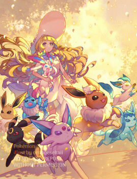  1girl artist_name blonde_hair closed_mouth commentary copyright_name dress eevee espeon eyelashes falling_leaves flareon floating_hair gen_1_pokemon gen_2_pokemon gen_4_pokemon gen_6_pokemon glaceon green_eyes hat highres holding holding_pokemon jolteon leaf leafeon lillie_(pokemon) long_hair nintendo orange_sekaii outdoors pokemon pokemon_(creature) pokemon_sm sleeveless sleeveless_dress standing sun_hat sylveon umbreon vaporeon watermark white_dress white_hat 