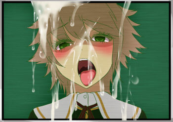  1boy alter_ego_(danganronpa) blush brown_hair cum cum_on_object cum_on_screen danganronpa:_trigger_happy_havoc danganronpa_(series) embarrassed fujisaki_chihiro green_background green_eyes gujira open_mouth school_uniform screen simple_background solo tagme tongue tongue_out  rating:Questionable score:4 user:mysecretlewd
