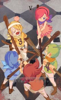  1girl 4boys aged_down blue_eyes blue_shirt boots brother_and_sister brown_boots checkered_floor child commentary curly_eyebrows dress green_shirt hair_over_one_eye head_bump highres multiple_boys neckerchief numbered one_piece pink_dress red_hair red_shirt sanji_(one_piece) shirt siblings siyangou49 tears vinsmoke_ichiji vinsmoke_niji vinsmoke_reiju vinsmoke_yonji yellow_shirt 