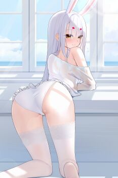  1girl absurdres animal_ears ass azur_lane bent_over blush clothes_pull commentary_request day eyeshadow from_behind hair_between_eyes highres indoors kneeling knees_together_feet_apart leaning_on_object legs long_hair looking_at_viewer looking_back makeup panties rabbit_ears rabbit_girl red_eyeshadow shimakaze_(azur_lane) shimakaze_(the_unmoving_rabbit)_(azur_lane) shirt shirt_pull single_bare_shoulder smile solo thighs underwear very_long_hair white_hair white_panties white_shirt yellow_eyes zerotwenty_(020) 