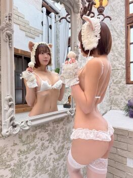 1girl absurdres animal_ears asian ass back black_hair bra breasts butt_crack cleavage closed_mouth fake_animal_ears grabeer highres indoors japanese_(nationality) looking_at_mirror mirror navel panties photo_(medium) real_life reflection short_hair standing stomach thighhighs underwear white_bra white_panties white_thighhighs  rating:Sensitive score:38 user:MerCyKillEr