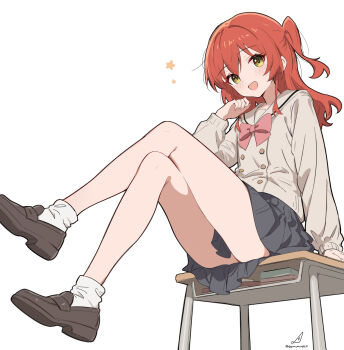  1girl absurdres blush bocchi_the_rock! bow bowtie brown_shirt brown_shoes commentary dated_commentary desk grey_skirt highres kita_ikuyo loafers long_sleeves minusk9 one_side_up open_mouth red_bow red_bowtie red_hair school_desk school_uniform serafuku shirt shoes shuka_high_school_uniform simple_background sitting sitting_on_table skirt solo white_background yellow_eyes 