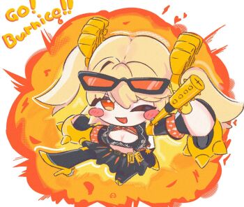  1girl black_jacket black_skirt black_thighhighs blonde_hair blush breasts burnice_white crop_top explosion eyewear_on_head flamethrower gloves holding holding_flamethrower holding_weapon jacket kesh1g0mu looking_at_viewer open_mouth red-tinted_eyewear red_eyes skirt smile solo spiked_belt spiked_jacket sunglasses thighhighs tinted_eyewear twintails weapon zenless_zone_zero 