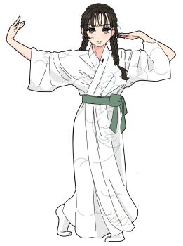  1girl 3: animification arms_up braid closed_mouth commentary_request crossed_legs frown full_body green_sash highres japanese_clothes kimono llkapital long_sleeves nonaka_kokona obi outstretched_arm real_life sash simple_background socks solo twin_braids voice_actor white_background white_kimono white_socks wispy_bangs yukata 