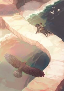  1boy agro_(shadow_of_the_colossus) bird bird_wings cliff commentary dove driftwoodwolf english_commentary holding holding_reins horse male_focus ocean poncho reins riding sand scenery shadow_of_the_colossus surcoat sword wander_(shadow_of_the_colossus) water weapon wings 
