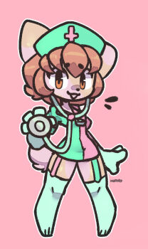  1girl artist_name artist_request brown_hair chibi furry furry_female garter_belt gloves hat heart ivy_the_wolfcat latex latex_gloves looking_at_viewer nurse nurse_cap open_mouth orange_eyes pink_background simple_background standing stethoscope tagme tail thighhighs  rating:Sensitive score:2 user:MunkDonalds