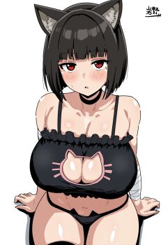  1girl absurdres animal_ears bandaged_arm bandages black_bra black_choker black_hair black_panties blush bra breasts cat_cutout cat_ear_panties cat_ears cat_girl cat_lingerie choker cleavage cleavage_cutout clothing_cutout collarbone commentary_request commission frilled_bra frills highres huge_breasts indie_virtual_youtuber iwano_kenta looking_at_viewer medium_hair mole mole_under_eye navel open_mouth otoguro_zakuro panties red_eyes signature simple_background sitting skeb_commission solo stomach sweatdrop thighs underwear virtual_youtuber white_background 