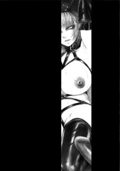  1girl armpits bondage_outfit breasts commentary_request cowboy_shot elbow_gloves gloves greyscale hane_(azelye) huge_breasts long_hair looking_at_viewer monochrome navel nipples paid_reward_available parted_lips pillarboxed solo thighhighs touhou yagokoro_eirin 