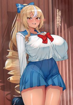  1girl absurdres alternate_breast_size_(larger) blonde_hair blush bow breasts commentary commentary_request dark-skinned_female dark_elf dark_skin elf english_commentary hair_bow high_ponytail highres hololive huge_breasts long_hair looking_at_viewer mixed-language_commentary multicolored_hair open_mouth pointy_ears ponytail red_eyes school_uniform serafuku shiranui_flare shirt_overhang sidelocks smile solo streaked_hair sweat tnolize translation_request very_long_hair virtual_youtuber white_hair 