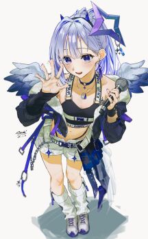  1girl absurdres amane_kanata amane_kanata_(lock_on) angel angel_wings bare_shoulders braid choker collarbone commentary_request crop_top cropped_jacket die_suki earrings fake_horns grey_hair hairband halo highres holding holding_microphone hololive horn_hairband horns jacket jewelry long_hair microphone midriff navel necklace official_alternate_costume open_mouth ponytail purple_eyes shorts signature simple_background single_earring solo star_halo virtual_youtuber white_background wings 