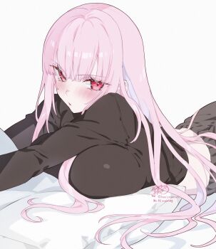  1girl alternate_costume bed_sheet black_pants black_shirt blunt_bangs breast_press breast_rest breasts carried_breast_rest carrying commentary cropped_shirt english_commentary highres hololive hololive_english kamiya_maneki large_breasts long_hair long_sleeves mori_calliope pants pink_hair red_eyes shirt sidelocks simple_background solo straight_hair virtual_youtuber white_background 