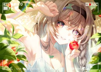  1girl absurdres arm_up armpits bare_shoulders battery_indicator black_hairband blush braid breasts cleavage collarbone commentary dress firefly_(honkai:_star_rail) food fruit grey_hair hair_between_eyes hairband highres holding holding_food holding_fruit honkai:_star_rail honkai_(series) jewelry leaf leegh19769 looking_at_viewer necklace open_mouth pink_eyes recording smile solo white_dress 