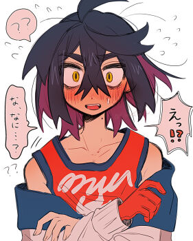  !? 1boy ? ?? absurdres bare_shoulders black_hair blush collarbone colored_inner_hair crossed_arms crossed_bangs fang flying_sweatdrops gloves hair_between_eyes highres jacket jacket_partially_removed kieran_(pokemon) looking_at_viewer male_focus mole mole_on_neck multicolored_hair nervous_sweating nintendo off_shoulder open_mouth pokemon pokemon_sv purple_hair red_gloves red_tank_top school_uniform short_hair shoulder_blush single_glove solo speech_bubble spoken_question_mark sweat tank_top teeth thick_eyebrows tisanntisyou two-tone_hair upper_teeth_only uva_academy_school_uniform white_jacket wide-eyed yellow_eyes 
