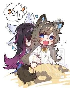  2girls animal_ear_fluff black_hair blanket blue_eyes blush brown_hair chinese_commentary closed_eyes columbina_(genshin_impact) commentary_request deformed ear_wiggle eye_mask fang genshin_impact hair_intakes head_wings highres kemonomimi_mode long_hair long_sleeves mask multicolored_hair multiple_girls open_mouth pajamas purple_hair qiukui sandrone_(genshin_impact) simple_background speech_bubble tail tail_wagging thought_bubble two-tone_hair watermark white_background white_pajamas white_wings wings yuri 