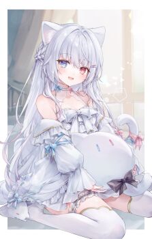  1girl animal_ear_fluff animal_ears animal_slippers bare_shoulders blue_bow blue_eyes blue_ribbon blurry blush bokeh bow bowtie braid breasts cat_ears cat_girl cat_slippers cat_tail collarbone commentary depth_of_field detached_sleeves dress frilled_sleeves frills hair_ornament hairclip half_up_braid heterochromia highres holding holding_stuffed_toy holding_toy kanzaki_ririka layered_sleeves light_particles long_hair looking_at_viewer original pink_bow pink_ribbon red_eyes ribbon sitting sleeveless sleeveless_dress slippers small_breasts smile solo stuffed_animal stuffed_toy sunlight tail tail_ornament tail_ribbon thigh_strap thighhighs thighs toy ukishizumi untranslatable_commentary wariza white_bow white_bowtie white_dress white_hair white_thighhighs window 