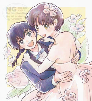 1boy 1girl :d bare_shoulders blue_bow blue_bowtie blue_hair bow bowtie braid commentary con_sonne dress flower flower_request gloves green_eyes grey_eyes hair_flower hair_ornament hetero highres looking_at_viewer open_mouth pale_skin ranma_1/2 saotome_ranma short_hair single_braid smile tendou_akane tuxedo watermark wedding wedding_dress white_flower white_gloves yellow_background 