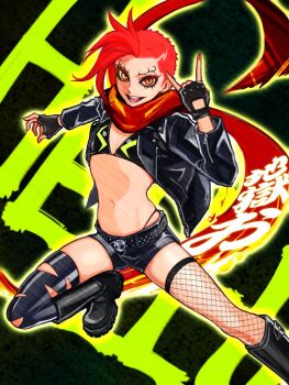  1girl aihcnim asymmetrical_legwear bikini boots fingerless_gloves fishnets flat_chest gloves ignite jacket mismatched_legwear nail_polish ninja_slayer red_hair scarf side_shave skull_ornament swimsuit unusual_eyebrows 