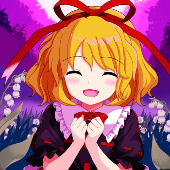  1girl black_shirt blonde_hair blush bow bowtie closed_eyes commentary_request facing_viewer flower hair_ribbon lily_of_the_valley medicine_melancholy medium_hair mist9801km open_mouth poison puffy_short_sleeves puffy_sleeves red_bow red_bowtie red_ribbon ribbon shirt short_sleeves smile solo touhou white_flower 