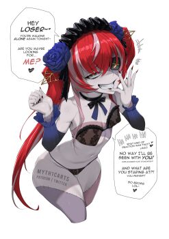  1girl black_bra black_nails black_panties bra breasts colored_skin commentary detached_collar english_commentary english_text eyepatch gradient_nails green_eyes grey_hair grey_skin heart highres hololive hololive_indonesia kureiji_ollie long_hair multicolored_hair myth1carts navel panties red_hair red_nails small_breasts solo speech_bubble stitched_face stitched_leg stitched_torso stitches stomach streaked_hair teeth twintails underwear virtual_youtuber white_background zombie zombie_girl 