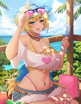  1girl ahoge bag belt blonde_hair blue_eyes blue_hair bracelet breasts cleavage cloud coco_the_dodo collarbone commentary fang food hair_ornament heart heart_hair_ornament highres holding holding_food holding_popsicle indie_virtual_youtuber jewelry large_breasts multicolored_hair navel_piercing necklace open_mouth palm_leaf panty_straps penge_pood piercing pink_lips pink_nails popsicle short_hair short_shorts shorts skin_fang sky solo star_(symbol) star_necklace stomach tree two-tone_hair virtual_youtuber 