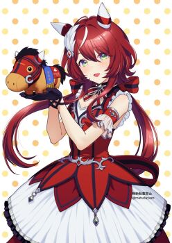  1girl :d animal_ears black_gloves bow cowboy_shot detached_sleeves dress ear_covers feather_hair_ornament feathers gloves green_eyes hair_between_eyes hair_bow hair_ornament hands_up horse_ears horse_girl long_hair low_twintails matuda_(matudayazo) multicolored_hair open_mouth polka_dot polka_dot_background red_bow red_dress red_eyes sleeveless sleeveless_dress smile solo streaked_hair stuffed_animal stuffed_horse stuffed_toy twintails twitter_username umamusume watermark white_hair win_variation_(dramatic_tutu)_(umamusume) win_variation_(racehorse) win_variation_(umamusume) 