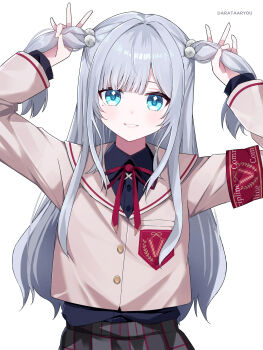  1girl absurdres arata_ryou armband arms_up artist_name blue_eyes blue_shirt brown_jacket brown_sailor_collar buttons collared_shirt commentary_request crop_top cropped_jacket diamond_in_eye grey_hair grey_skirt hair_ornament highres holding holding_own_hair jacket kaga_sumire kaga_sumire_(9th_costume) long_hair long_sleeves looking_at_viewer neck_ribbon parted_bangs parted_lips plaid_clothes plaid_skirt pom_pom_(clothes) pom_pom_hair_ornament red_armband red_ribbon ribbon sailor_collar shirt shirt_tucked_in simple_background skirt sleeves_past_wrists smile solo straight-on two_side_up upper_body virtual_youtuber vspo! white_background 