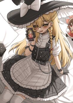  1girl absurdres apron black_gloves blonde_hair bow braid can commentary commission gloves hakurei_reimu hat highres kirisame_marisa lobsteranian long_hair short_sleeves solo thighhighs touhou witch_hat yellow_eyes  rating:General score:3 user:danbooru