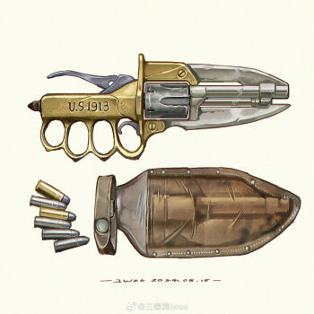  ammunition artist_name bayonet brass_knuckles bullet chromatic_aberration combination_weapon dagger dated gun handgun highres holster iwse_zhang knife no_humans original push_dagger revolver signature simple_background still_life watermark weapon weapon_focus weibo_username weibo_watermark white_background 