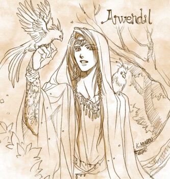  1boy :d bird brown_theme character_name circlet cloak commentary_request dated hand_up hood hood_up hooded_cloak jewelry kazuki-mendou tolkien's_legendarium male_focus monochrome necklace one-hour_drawing_challenge open_mouth radagast signature smile solo the_silmarillion aged_down 