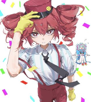  3girls absurdres biting black_eyes black_necktie blue_hair commentary commentary_request confetti drill_hair english_commentary gloves hair_ribbon hairband hat hatsune_miku highres ima_sugu_rinne_(vocaloid) kasane_teto mesmerizer_(vocaloid) multiple_girls necktie pants peaked_cap ququxiaosi red_eyes red_hair red_pants ribbon sharp_teeth simple_background solo staff striped_clothes suspenders teeth twin_drills twintails vocaloid white_background yellow_gloves 
