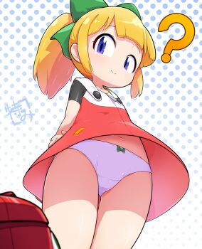 1girl ? blonde_hair blue_eyes bow bow_panties commission dress eddie_(mega_man) from_below green_bow hair_bow highres loli looking_at_viewer mega_man_(classic) mega_man_(series) navel panties pantyshot pixiv_commission polka_dot polka_dot_background ponytail red_dress roll_(mega_man) short_dress signature smile solo tokkyuu_mikan underwear upskirt white_panties zipper_dress rating:Sensitive score:116 user:danbooru