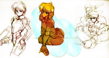  1980s_(style) 1boy 1girl appleseed ass black_bodysuit blonde_hair blue_eyes bodysuit breasts briareos_hecatonchires closed_mouth cyborg deunan_knute gloves gun hat holding holding_gun holding_weapon koube_masahiko looking_at_viewer military_uniform monochrome oldschool open_mouth retro_artstyle robot shirow_masamune_(style) short_hair sketch smile weapon wet 