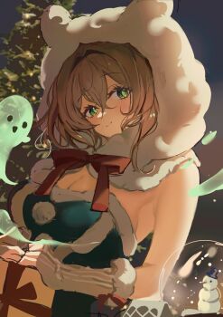  1girl absurdres animal_ears breasts brown_hair christmas_present christmas_tree cleavage closed_mouth dress fingerless_gloves fur-trimmed_dress fur_trim gift gloves green_dress green_eyes hashtag-only_commentary highres indie_virtual_youtuber large_breasts looking_at_viewer marimo_(nogdujeon) medium_hair nimi_nightmare pom_pom_(clothes) smile solo tapir_ears tapir_girl virtual_youtuber white_gloves 