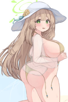  1girl absurdres arched_back ass bikini blue_archive blush breasts brown_bikini brown_hair butt_crack embarrassed flower from_behind green_eyes halo hat hat_flower highres huge_ass huge_breasts kneeling light_brown_hair long_hair looking_back nonomi_(blue_archive) nonomi_(swimsuit)_(blue_archive) open_clothes open_mouth open_shirt plump see-through_clothes see-through_shirt shirt sideboob solo sun_hat sweat swimsuit teruriu thick_thighs thighs untied_bikini untied_bikini_bottom white_background white_hat 