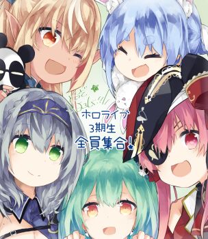  5girls animal_ear_fluff animal_ears blonde_hair blue_hair blush braid breasts cleavage closed_eyes dark-skinned_female dark_skin don-chan_(usada_pekora) earrings elf green_eyes green_hair hat headband hololive houshou_marine jewelry kintsuba_(shiranui_flare) long_hair looking_at_viewer mole mole_on_breast multiple_girls panda pirate_hat pointy_ears rabbit rabbit_ears rabbit_girl red_eyes red_hair shiranui_flare shiranui_flare_(artist) shiranui_flare_(old_design) shirogane_noel shirogane_noel_(1st_costume) silver_hair smile thick_eyebrows uruha_rushia usada_pekora virtual_youtuber yellow_eyes 