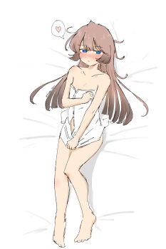  1girl absurdres barefoot blue_eyes blush brown_hair collarbone commentary_request flat_chest full_body gradient_hair heart highres kantai_collection kazagumo_(kancolle) long_hair looking_at_viewer lying multicolored_hair naked_towel nose_blush solo spoken_heart towel towel_pull tsuru_(thunder_tsuru) 