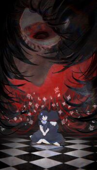  2girls absurdres black_dress black_hair blue_hair checkered_floor commentary dress duoyun_de_tiankong flower giant giantess hair_flower hair_ornament highres holding_hands honkai_(series) honkai_impact_3rd mini_person minigirl multicolored_hair multiple_girls red_eyes red_hair seele_(alter_ego) seele_vollerei sitting two-tone_hair 