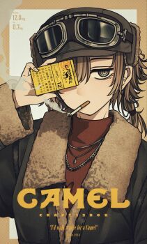  1girl absurdres brown_hair camel_(cigarettes) cigarette cigarette_pack commentary_request fake_ad fur-trimmed_jacket fur_trim goggles goggles_on_head hand_up highres holding holding_cigarette_pack jacket jewelry long_sleeves looking_at_viewer mitsu349 moke multiple_necklaces necklace one_eye_covered original pilot smoking solo upper_body 