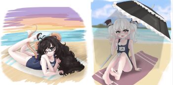  2girls barefoot beach character_name character_request indie_virtual_youtuber mouse_girl multiple_girls nonoxnobody ririgaki school_swimsuit sitting swimsuit towel umbrella  rating:Sensitive score:0 user:tyciol