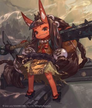  1girl amanojaku_(lord_of_vermilion) beads black_eyes brown_hair club club_(weapon) colored_skin copyright_notice fangs full_body hair_beads hair_ornament holding holding_behind_back holding_weapon horns long_hair looking_at_viewer lord_of_vermilion monster_girl official_art oni orange_skin pointy_ears sandals skin-covered_horns so-taro solo spiked_club weapon 