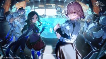  3boys 3girls 5others atlas_academy_uniform beret black_bow blonde_hair blue_eyes blue_gloves blue_hair blue_pants blue_pantyhose blush bow breasts brown_dress brown_hair capelet captain_nemo_(fate) captain_nemo_(first_ascension)_(fate) chaldea_uniform closed_eyes collared_shirt dress elbow_gloves fate/grand_order fate_(series) forehead glasses gloves goredolf_musik gradient_hair green_eyes green_necktie grey_skirt hair_bow hair_over_one_eye hat hat_feather highres hotosoka jacket jingle_abel_meuniere large_breasts leonardo_da_vinci_(fate) leonardo_da_vinci_(fate/grand_order) leonardo_da_vinci_(rider)_(fate) leonardo_da_vinci_(rider)_(first_ascension)_(fate) long_hair long_sleeves looking_at_viewer marine_nemo_(fate) mash_kyrielight medium_breasts multicolored_hair multiple_boys multiple_girls multiple_others necktie nemo_(fate) novum_chaldea official_art open_mouth pants pantyhose parted_bangs pink_hair pleated_skirt ponytail puff_and_slash_sleeves puffy_short_sleeves puffy_sleeves purple_capelet purple_eyes purple_hair purple_hat purple_vest red_skirt second-party_source shirt short_hair short_sleeves short_twintails sion_eltnam_(type-moon) sion_eltnam_sokaris skirt small_breasts smile turban twintails two-tone_hair vest white_hat white_jacket white_shirt white_skirt 