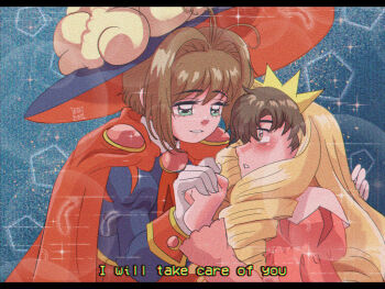  1990s_(style) 1boy 1girl blush brenni_murasaki brown_eyes brown_hair cardcaptor_sakura child crossdressing green_eyes hat hetero holding kinomoto_sakura li_syaoran long_sleeves open_mouth retro_artstyle shirt short_hair smile 