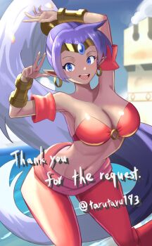  1girl arm_up artist_name bandeau blue_eyes bracer breasts cleavage collarbone commentary_request commission dark-skinned_female dark_skin earrings feet_out_of_frame hand_up harem_outfit highres hoop_earrings jewelry long_hair looking_at_viewer medium_breasts navel open_mouth pants pointy_ears ponytail purple_hair red_bandeau red_pants shantae shantae_(series) skeb_commission smile solo tarutaru193 teeth upper_teeth_only very_long_hair w 