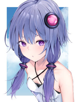  1girl :o bare_shoulders blue_sky blush border breasts cloud collarbone commentary_request criss-cross_halter dress hair_ornament halterneck highres long_hair looking_at_viewer outside_border parted_lips purple_eyes purple_hair short_hair_with_long_locks sidelocks sky sleeveless small_breasts solo twintails upper_body v-shaped_eyebrows voiceroid white_border white_dress yuame_kagari yuzuki_yukari 