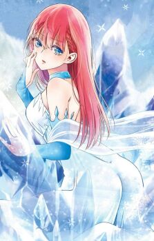  1girl aqua_eyes ass back bare_back bare_shoulders blue_eyes blush bokutachi_wa_benkyou_ga_dekinai braid breasts dress elbow_gloves gloves hand_on_own_face highres ice ice_crystal kirisu_mafuyu kneeling large_breasts long_hair off-shoulder_dress off_shoulder pink_hair see-through_clothes see-through_skirt skirt snow solo third-party_edit translucent tsutsui_taishi 