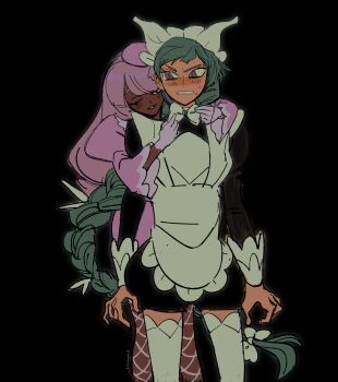  2girls apron black_background bow bowtie braid brown_eyes commentary dark-skinned_female dark_skin dreamyard frilled_apron frills gloves green_hair hashtag-only_commentary highres jacinthe_(pokemon) juliet_sleeves lebanne_(pokemon) long_hair long_sleeves low-braided_long_hair low-tied_long_hair maid maid_apron maid_headdress multiple_girls nintendo one_eye_closed pokemon pokemon_legends:_z-a puffy_sleeves purple_hair thighhighs very_long_hair white_bow white_bowtie white_thighhighs yuri 