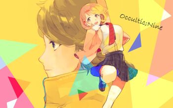  1boy 1girl :d black_shoes blonde_hair blush breasts brown_hair character_name commentary_request copyright_name gamon_yuuta hair_ornament hanakazesun huge_breasts long_hair looking_at_viewer miniskirt narusawa_ryouka necktie occultic;nine open_mouth plaid_clothes plaid_skirt pleated_skirt school_uniform science_adventure seimei_high_school_uniform shirt shoes short_hair skirt smile 