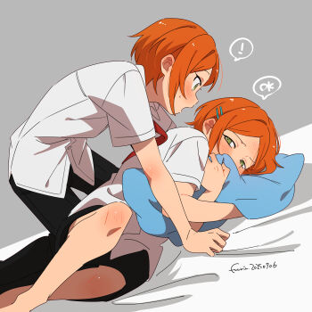  ! 2boys 2wink_(ensemble_stars!) absurdres aoi_hinata aoi_yuta black_pants blush boy_on_top brothers dutch_angle embarrassed ensemble_stars! fuurin_(sior_fr) green_eyes grey_background hair_ornament hairclip highres hugging_object incest looking_at_another male_focus multiple_boys necktie on_bed orange_hair pants parallel_hairclips parted_bangs pillow pillow_hug red_necktie shirt short_hair short_shorts short_sleeves shorts siblings simple_background spoken_exclamation_mark twincest twins white_shirt yaoi 