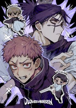  4boys black_hair character_name chibi choso_(jujutsu_kaisen) clenched_teeth closed_mouth commentary_request copyright_name earrings facial_mark highres holding holding_sword holding_weapon itadori_yuuji jewelry jujutsu_kaisen long_sleeves male_focus multiple_boys neg_50asu okkotsu_yuuta open_mouth red_eyes short_hair sword teeth weapon wide_sleeves zen'in_naoya 